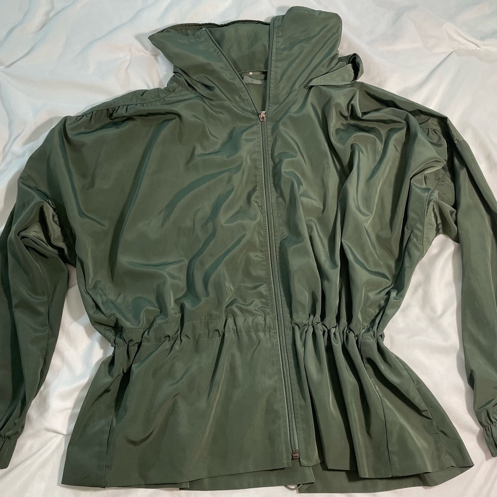CALIA by Carrie Underwood Woven Ruched Olive Jacket (L / Large)